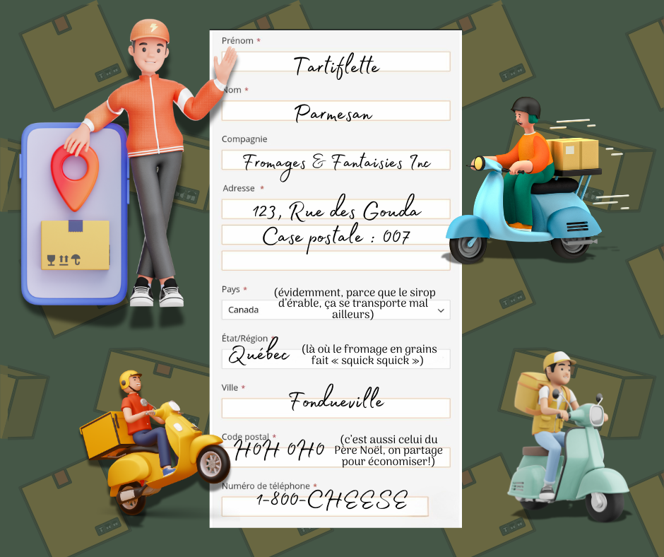 Illustration humoristique d'une fiche d'adresse fictive avec des livreurs en scooter et des cartons, représentant la logistique amusante et la livraison rapide.