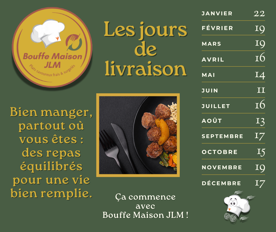 Calendrier des jours de livraison pour des repas équilibrés et savoureux livrés directement à domicile.