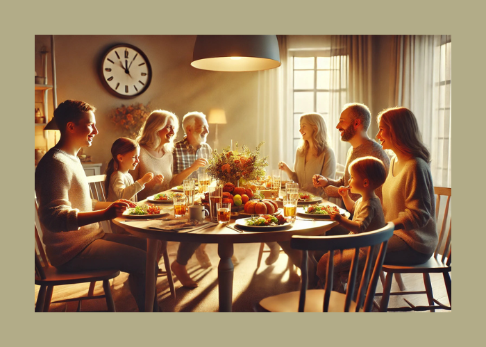 Famille réunie autour d’un repas chaleureux dans une salle à manger lumineuse, ambiance conviviale et festive