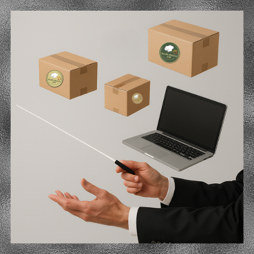 Illustration symbolique de Jean-Louis, le chef d’orchestre de Bouffe Maison JLM, dirigeant des boîtes de livraison estampillées du logo de l’entreprise et un ordinateur portable, le tout en lévitation, avec élégance et maîtrise.