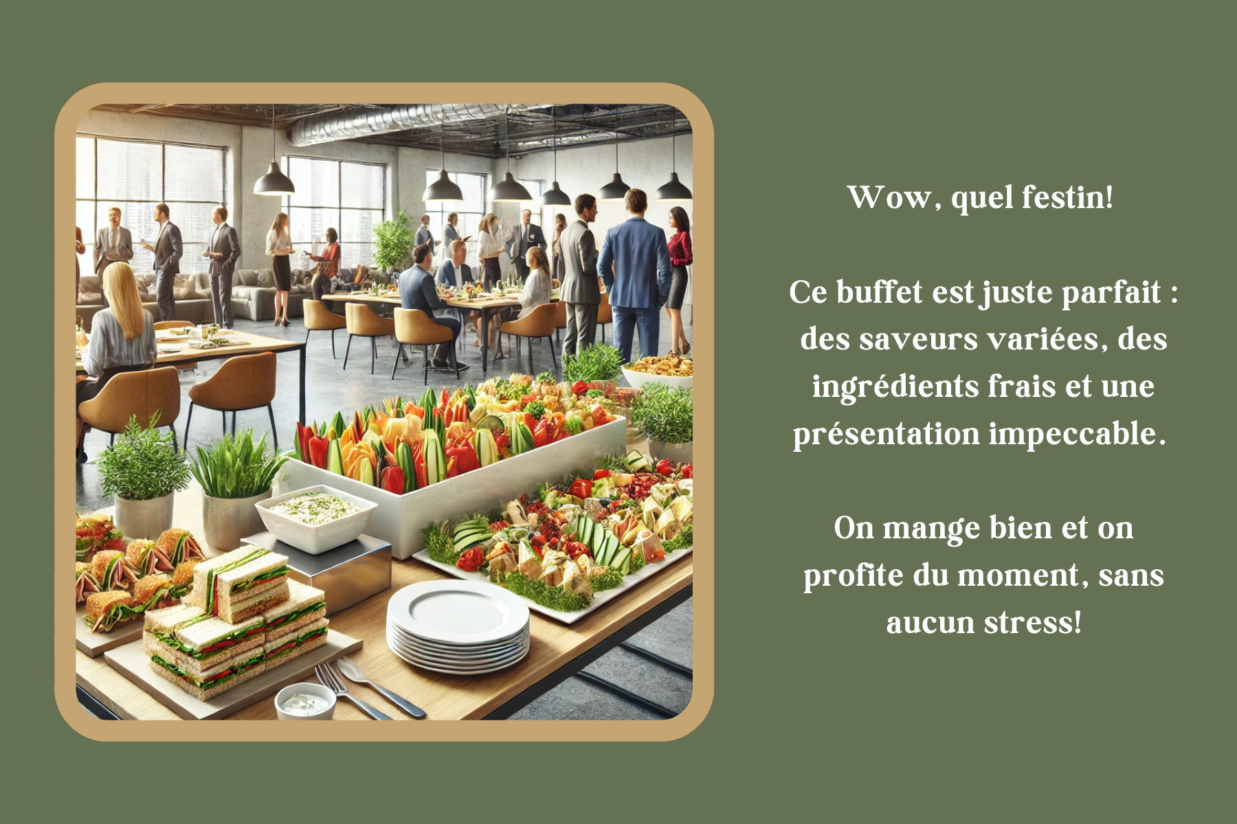 Un événement traiteur en entreprise. L’ambiance est conviviale et dynamique, parfaite pour un repas d’équipe ou une réunion. Le buffet est garni de sandwichs, fromages, charcuteries, crudités, mini wraps et bouchées gourmandes.