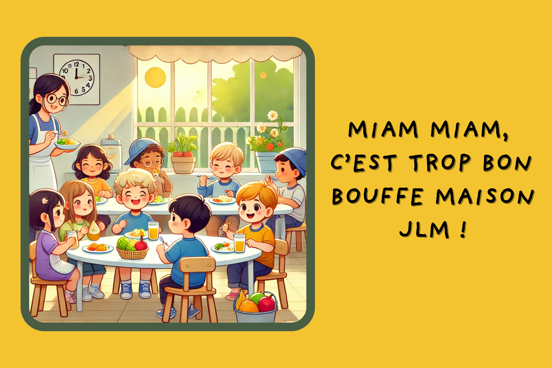 Une scène où de jeunes enfants savourent un repas sain dans une garderie. L’ambiance est conviviale et bienveillante, reflétant parfaitement l'engagement de Bouffe Maison JLM envers une alimentation équilibrée et adaptée aux tout-petits.