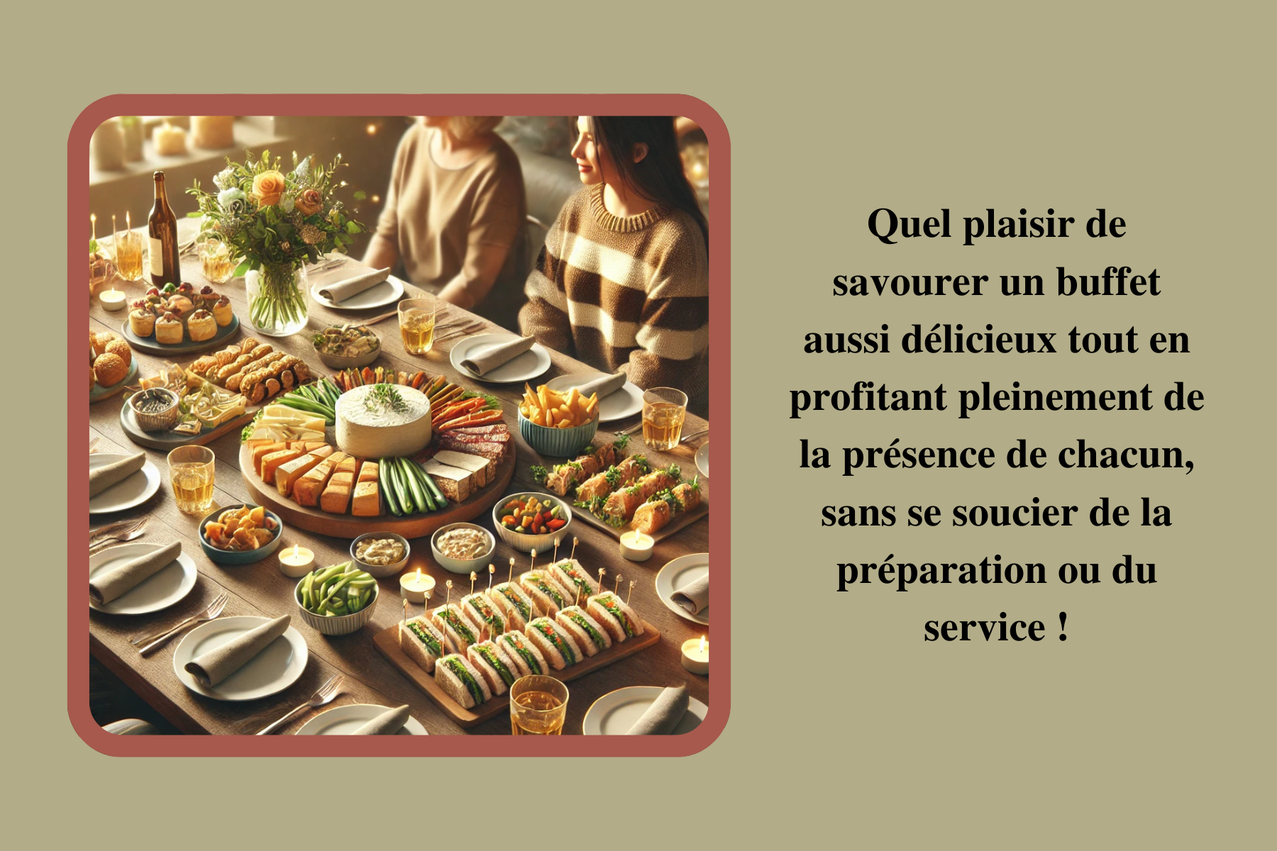 Une petite fête d’anniversaire avec un buffet composé de sandwichs, fromages, charcuteries, crudités, mini wraps et bouchées gourmandes. L’ambiance est chaleureuse et intime, avec des invités discutant et profitant de l’événement.